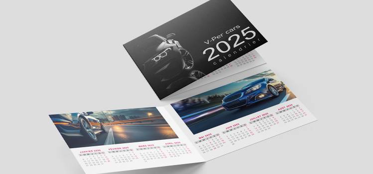 Calendrier publicitaire professionnel ouvert : grande image attractive sur la page de gauche, grille des dates bien visible sur la page de droite, idéal pour la promotion d'entreprise